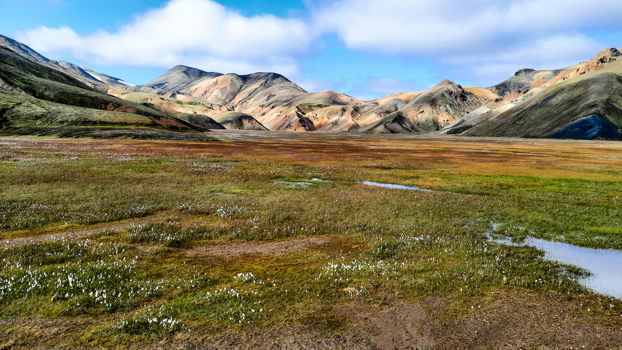 Cesta vedie krásnymi farebnými dolinami v geotermálnaj oblasti Landmannalaugar.