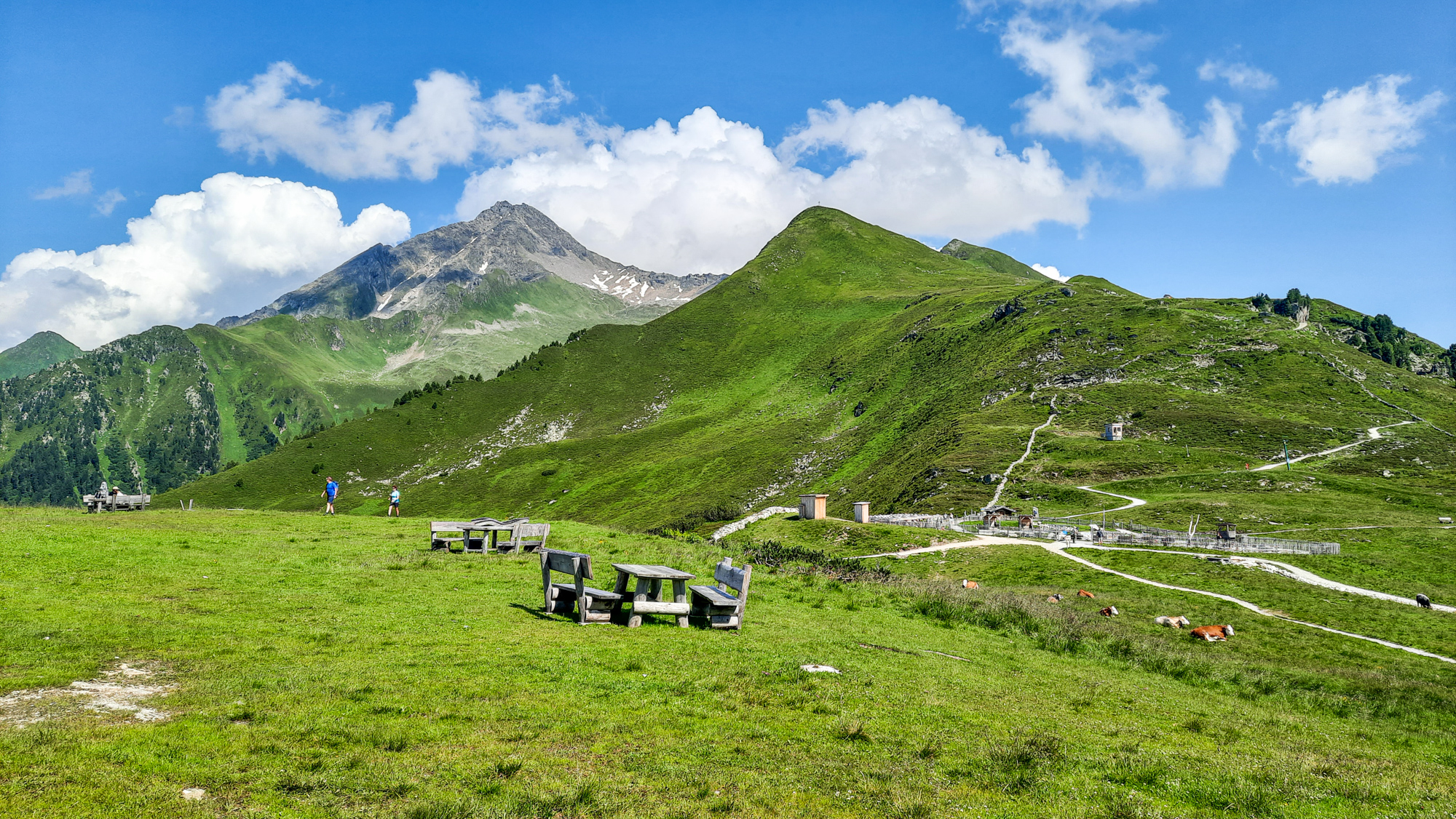 Pohľad na Ahornspitze od stanice lanovky, Filzenalm