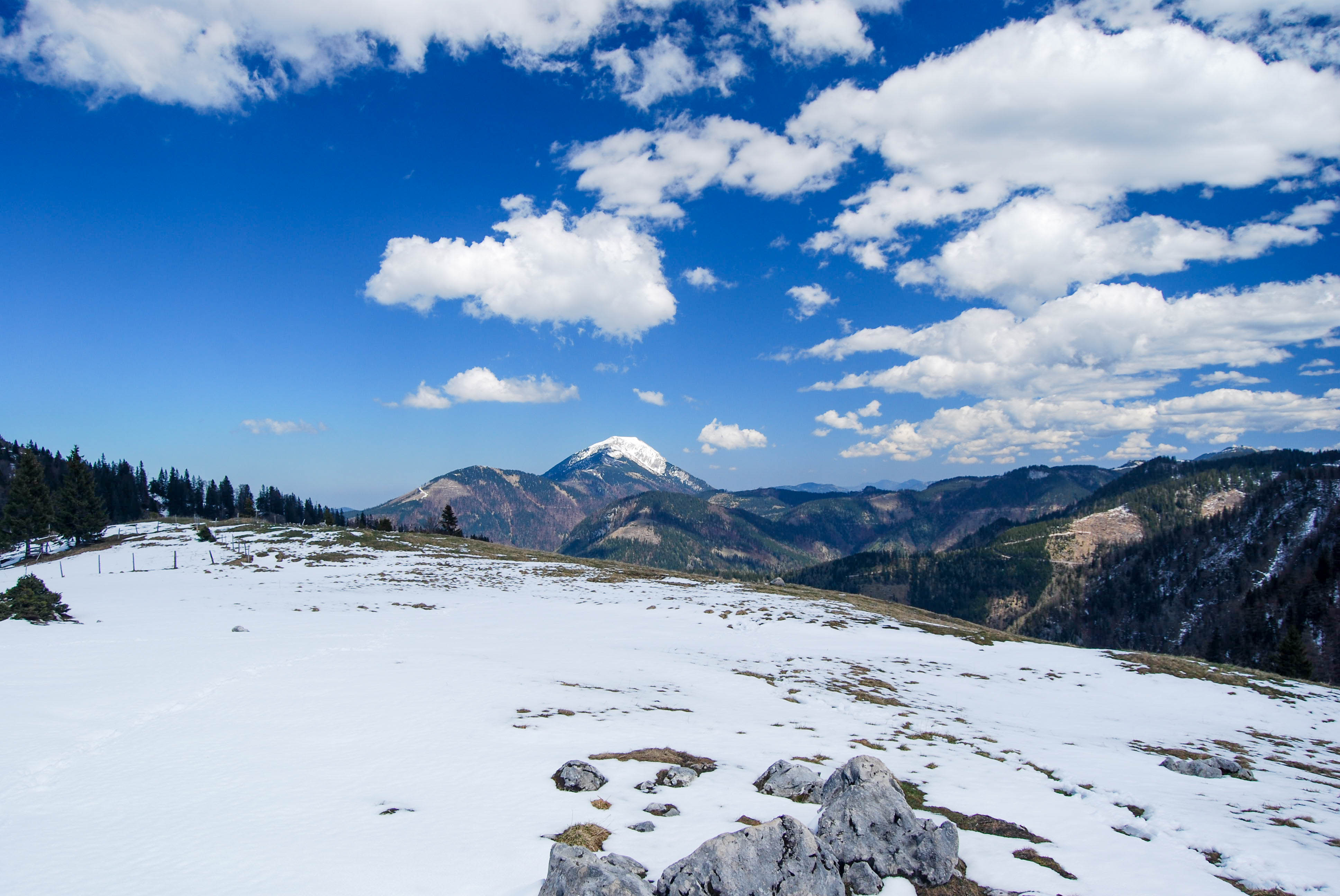 Asi po 40 minútach cesty lesom sa od jazera Obersee objavil vrch Ötscher (1893 m) - Ybbstalské Alpy