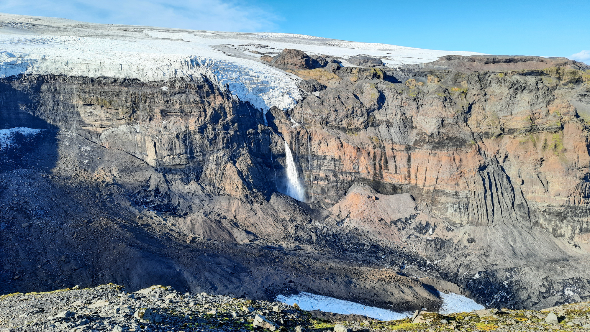Výhľad na vodopád Huldufoss, ktorý sa tvorí roztápaním ľadovca.