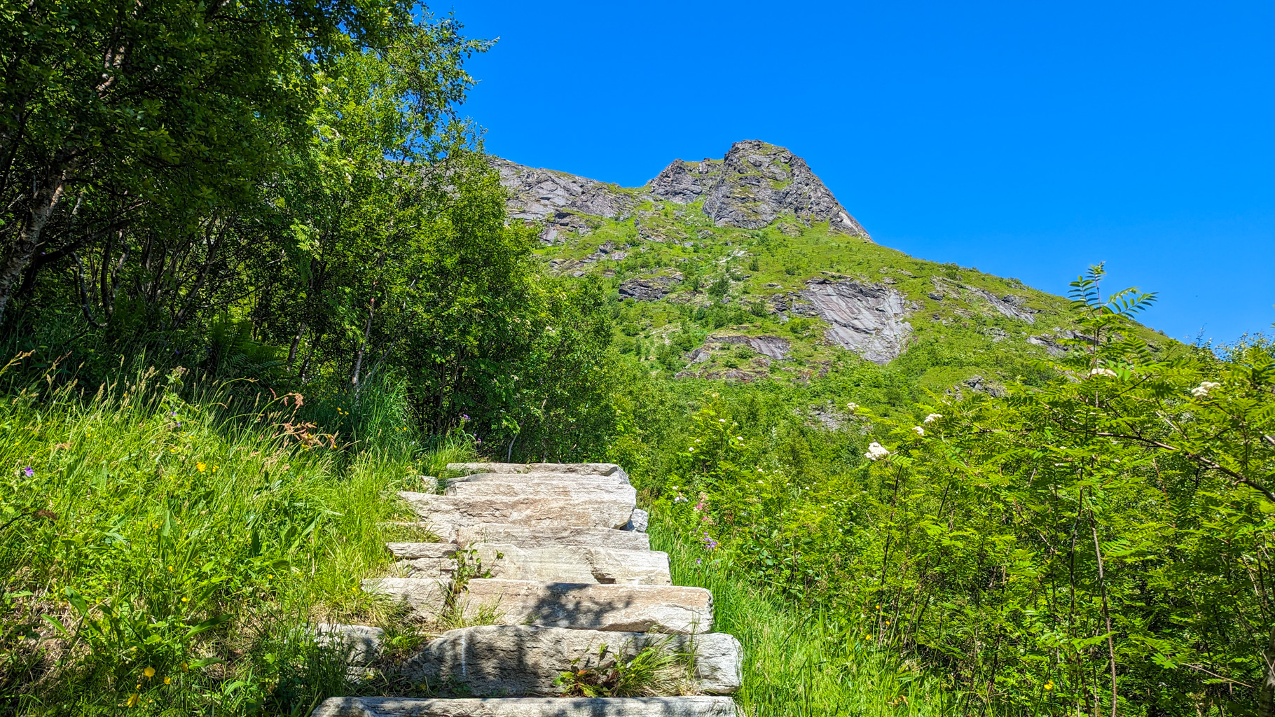Kameňmi vyložené schody vedúce k vrcholu Reinebringen, obľúbené miesto pre turistov.