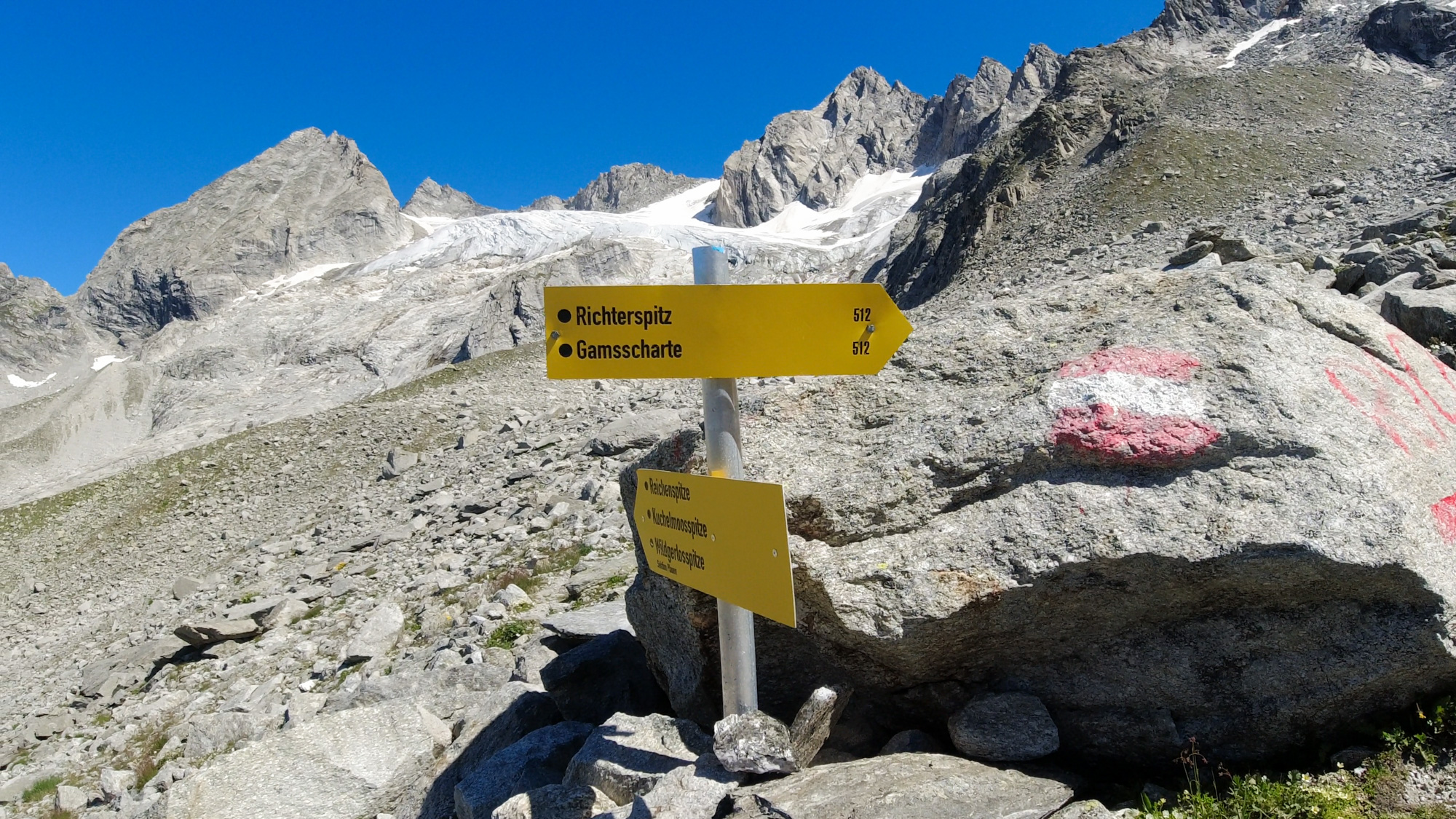 Rázcestie pod Richterspitze a Reichenspitze.