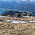 Photo 15: View from the Schafberg summit of the Schafbergbahn cogwheel railway upper station with Lake Wolfgangsee in the background