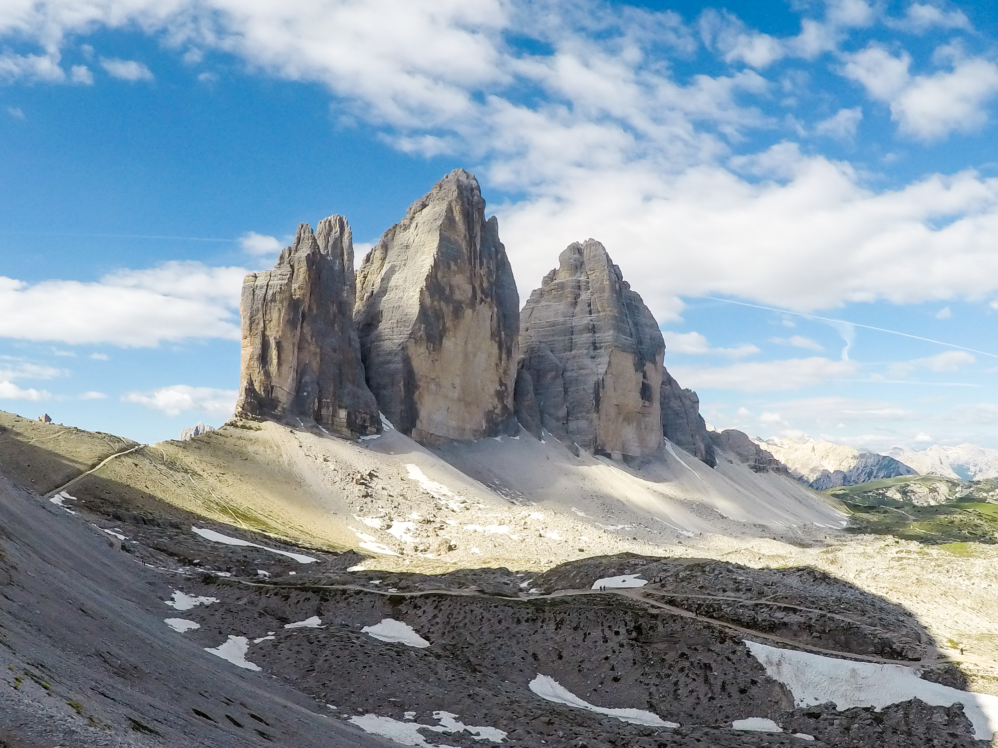 Pohľad na Tre Cime od Dreizinnenhütte.